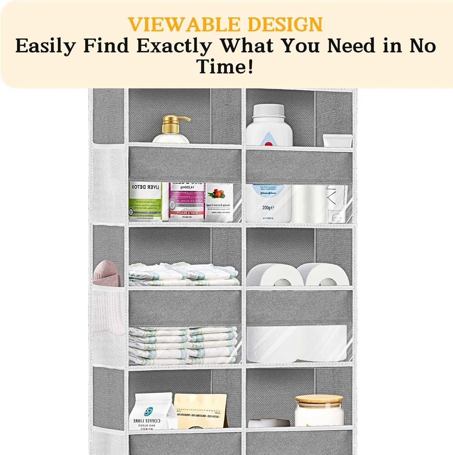 2 Pack Over The Door Organizer 5 Tiers, Extra Large Behind Door Storage of 10 Compartments, 80 lbs Weight Capacity Over Door Organizer, Door Hanging Organizer for Closet, Diaper Organizer, Light Gray