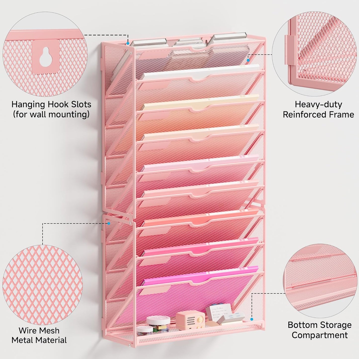 Lavatino 10-Tier Hanging Wall File Folders Organizer - Pink Metal Mesh Paper Magazine Document Mail Holder File Organizer for Office School Home Wall Mount or Desk Supplies Organization