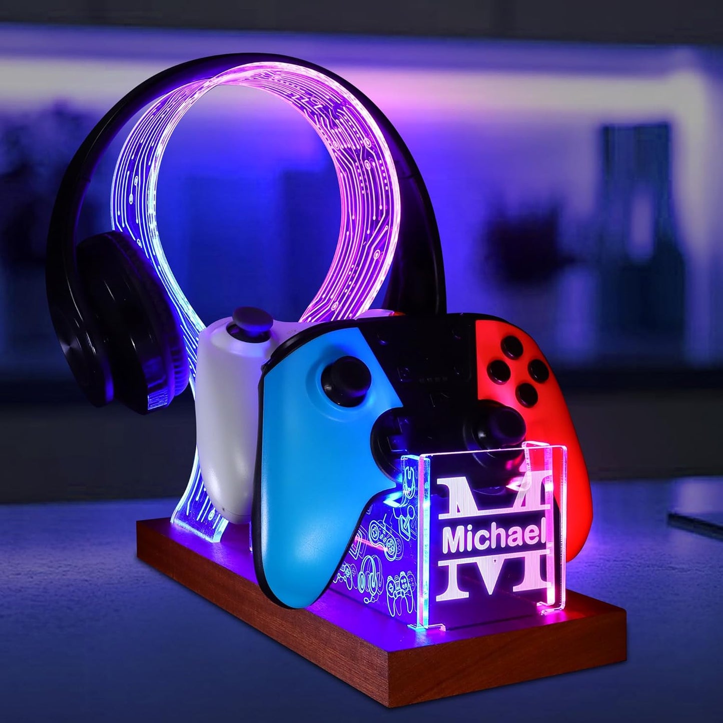 YuanDian Gamer Gifts for Teenage Boy, Desk Gaming Headset and Controller Stand with Blue Pink LED Night Light, Acrylic Wooden Controller Holder with PCB Pattern, Desk Decor Gift (Customized)