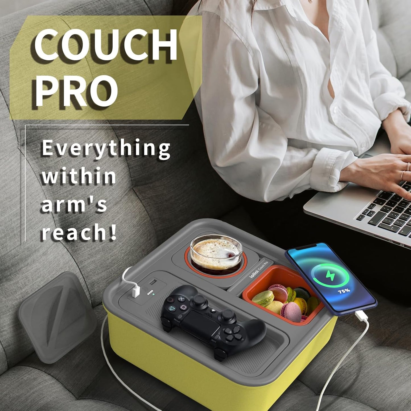 Couch Caddy Console,Self Balancing Cup Holder,Drink Snack Caddy,Wireless Charging,TV Remote Control Storage Couch Organizer - Anti Spill Sofa Console for Couch, Bed, Car, Video, Gaming