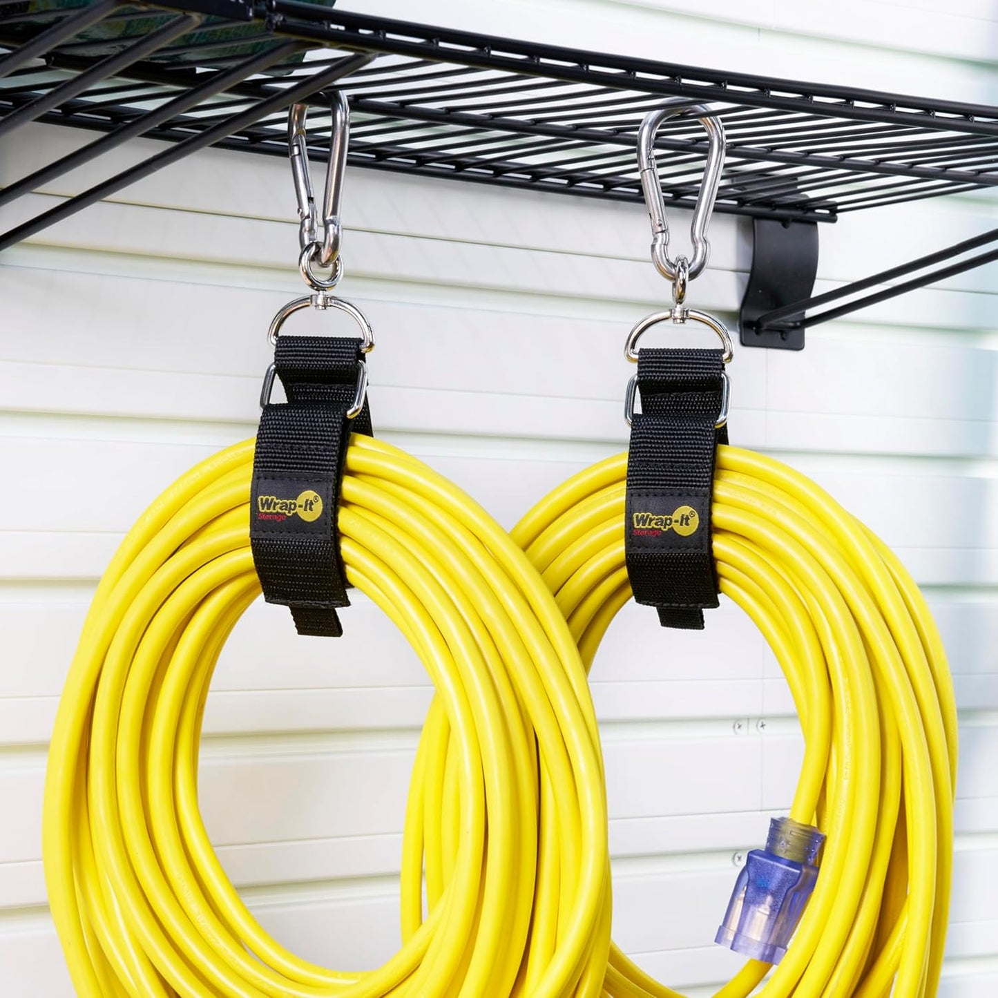 Hook 'n Hang Wrap-It Storage Straps - 12" (2-Pack) Black - Carabiner Straps for Cord Storage or Garden Hose Holder