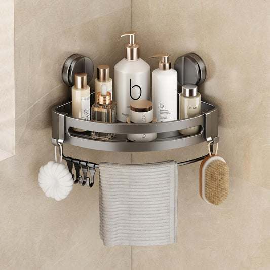 VOLPONE Shower Caddy Suction Cup, 1 Pack Corner Shower Shelves No Drilling, Showers Organizer Storage with Towel Bar & Removable Hooks, Bathroom Shower Shelf Rack for Inside Showers, Triangle