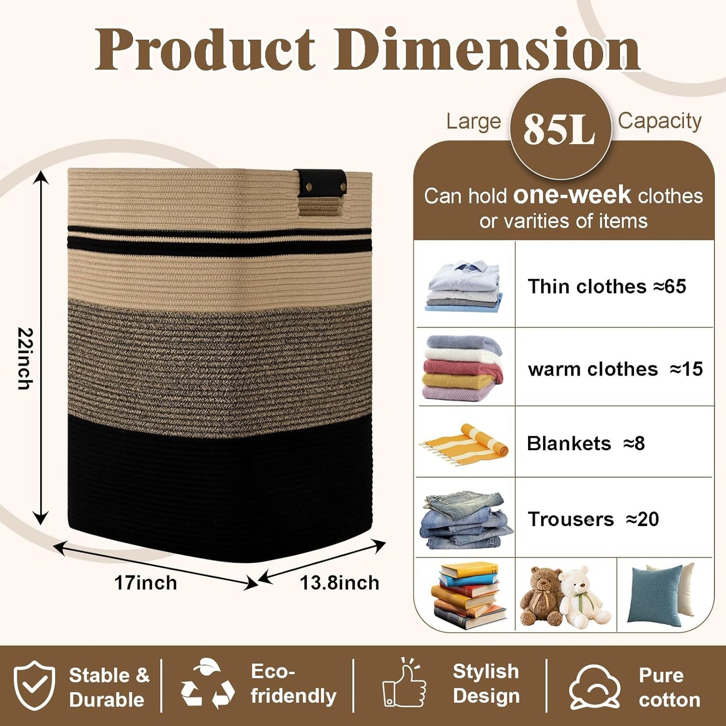 Laundry Hamper, 85L Tall Laundry Basket with Leather Handles, Rectangle Large Clothes Hamper for Organizing, Cotton Woven Laundry Baskets Storage Hampers for Bedroom, Nursery, Living Room