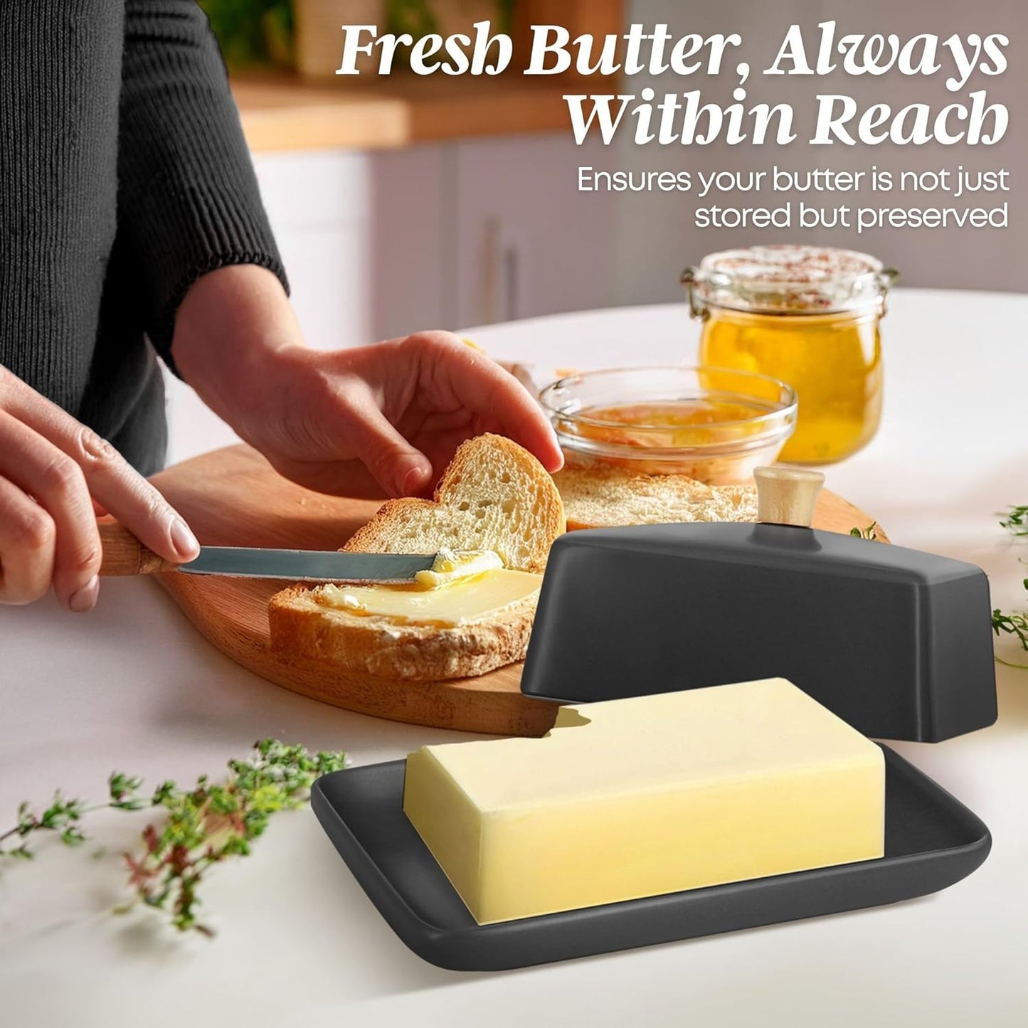 Flexzion Ceramic Gray European Butter Dish with Lid for Countertop (8 Inch) - Wide 2 Stick Double Butter Holder for Counter, Cream Cheese Container Storage Keeper