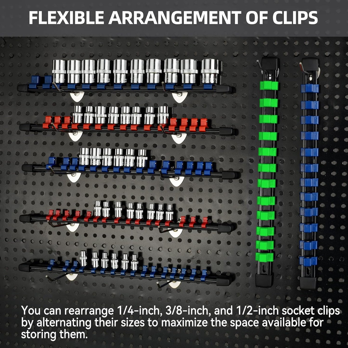 Socket Organizer Drive ABS Tools - Green Socket Holder, Premium Quality 3 Pieces Socket Holders Kit 1/4-Inch x 16 Clips, 3/8-Inch x 15 Clips, 1/2-Inch x 12 Clips(3PC,Green)