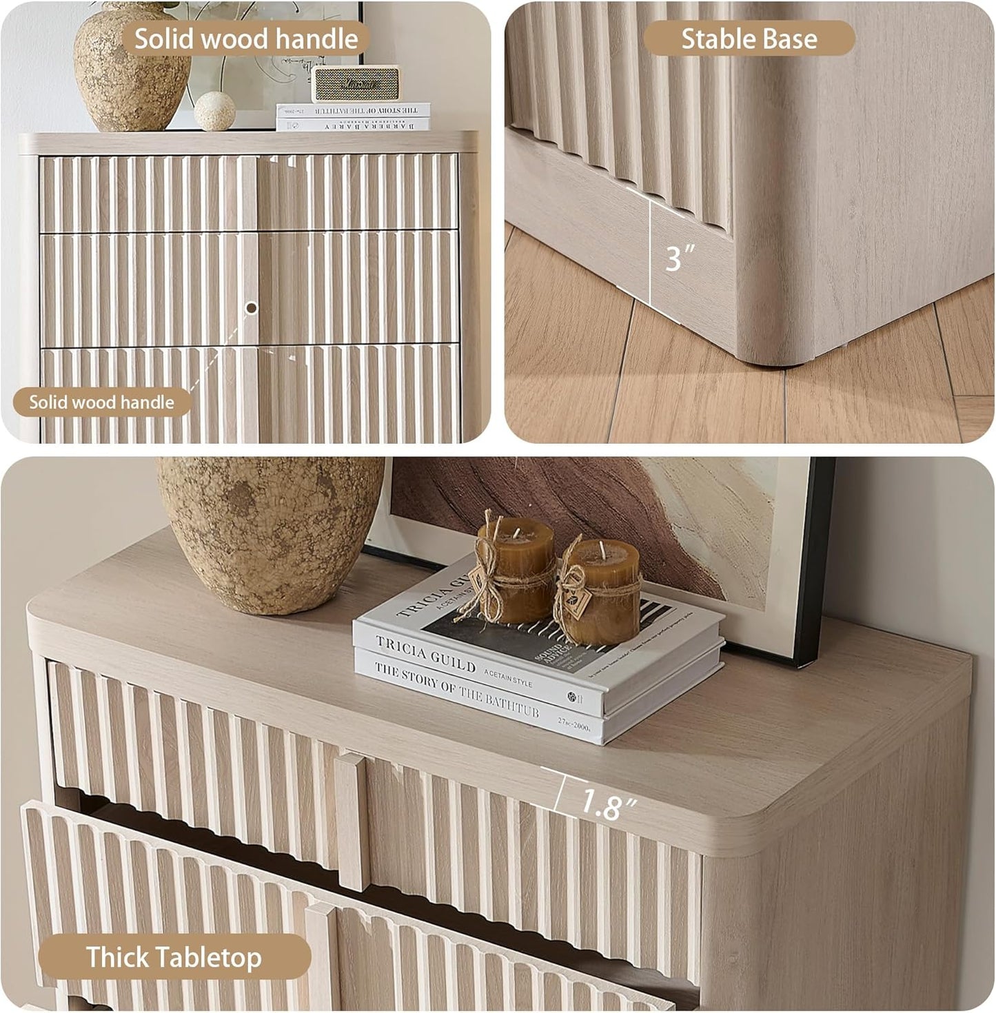 Fluted Dresser for Bedroom, Chest of Drawers, 48" Tall 6 Drawer Dresser, Curved Profile Design, Modern Wooden Chest of Drawers with Solid Wood Handle for Living Room, Bedroom, Hallway