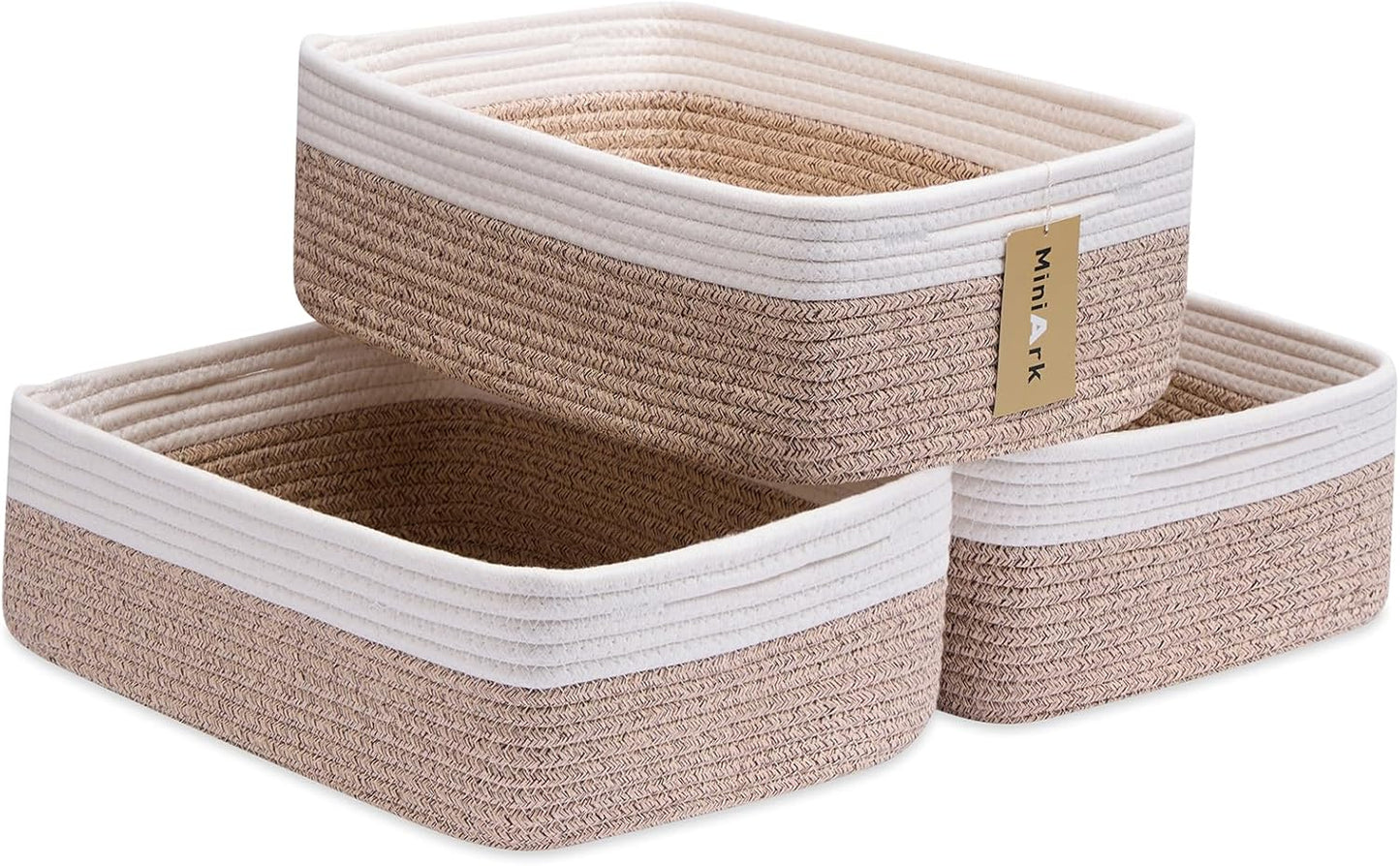 Large Shallow Organizing Baskets 15x11x5.1 Inches - Rope Woven Storage Bins for Bathroom, Shelves, Cube Closet, White Mixed Brown 3 Packs