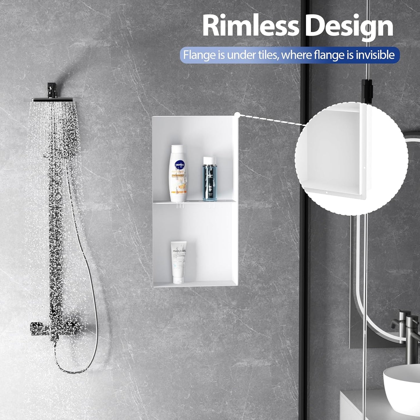 Stainless Steel Shower Niche 12" X 24", No Tile Needed Wall Niche with Double Shelves, Recessed Shower Shelf for Bathroom Storage, Matte White