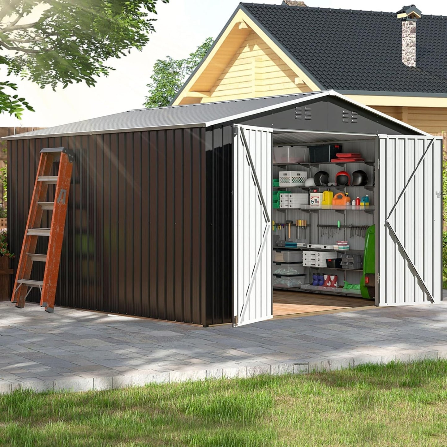 Polar Aurora 10x10 FT Outdoor Storage Shed, Metal Garden Shed with with Updated Frame Structure, Tool Sheds for Backyard Garden Patio Lawn, Black
