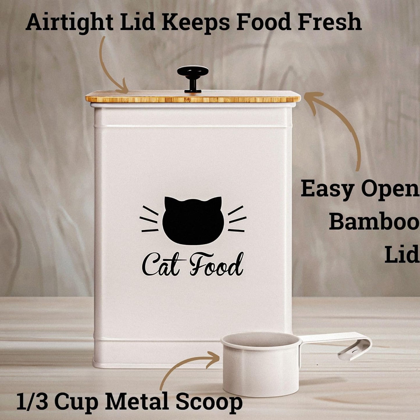 Cat Food Storage Container with Scoop - 5-7 lb (25 Cup) Capacity Metal Cat Food Container with Airtight Bamboo Lid and Metal Scoop - Airtight Pet Food Storage Containers 5 lb - 7 lb Kibble Container