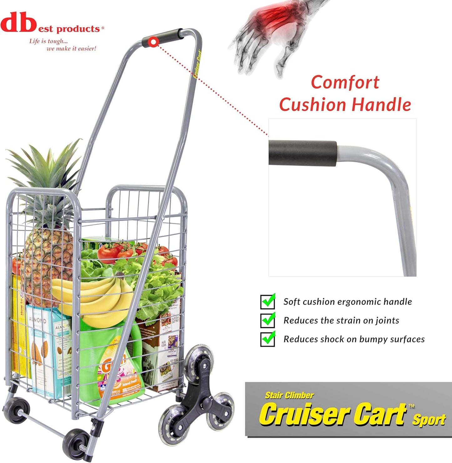 dbest Products Stair Climber Cruiser Cart Sport, Foldable Grocery Cart on Wheels,Multi-Use Collapsible Folding Laundry Basket with Wheels