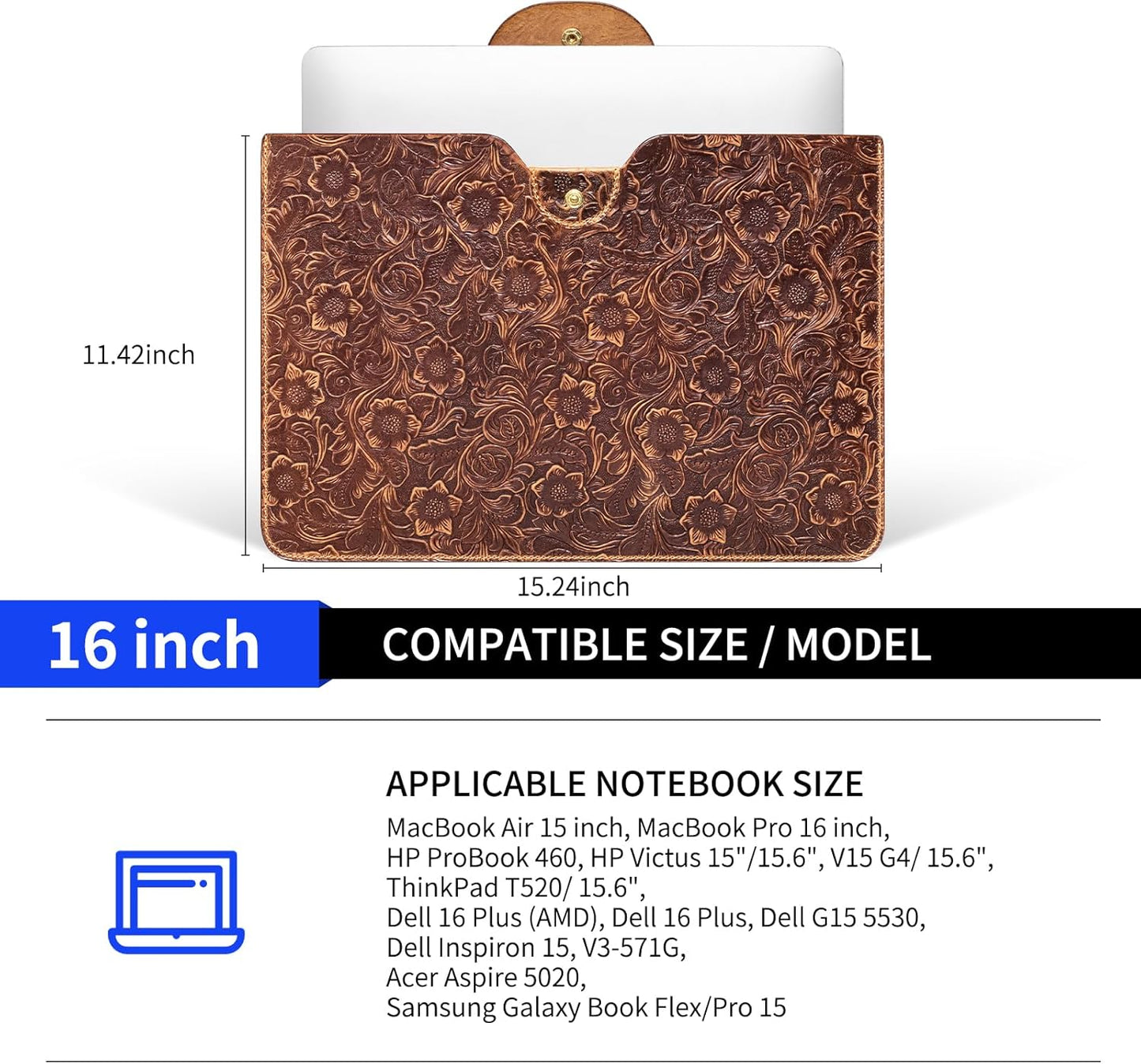 Genuine Leather Laptop Sleeve,Compatible with MacBook Pro 16 Inch M4 M3 M2 M1 Pro/Max＆MacBook Air 15 Inch M4 M3 M2 Cover,Vintage Protective Computer Case with Floral Pattern,Brown