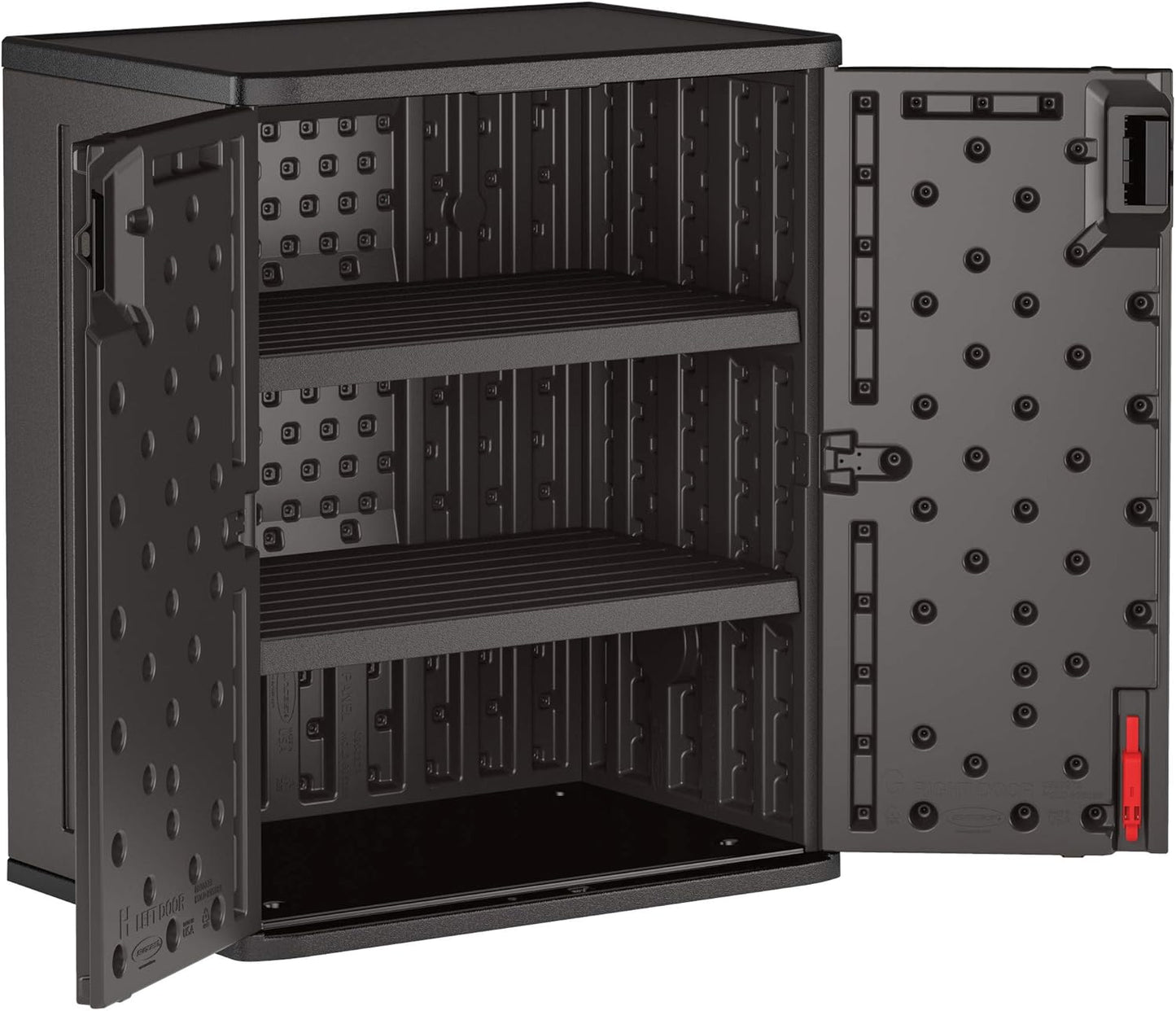 Suncast Heavy-Duty Resin Outdoor Storage Cabinet, 30" W x 20.25" D x 36" H Dark Grey Base Garage Storage Cabinet with Lockable Doors and Metal Reinforced Shelves, Made in The USA