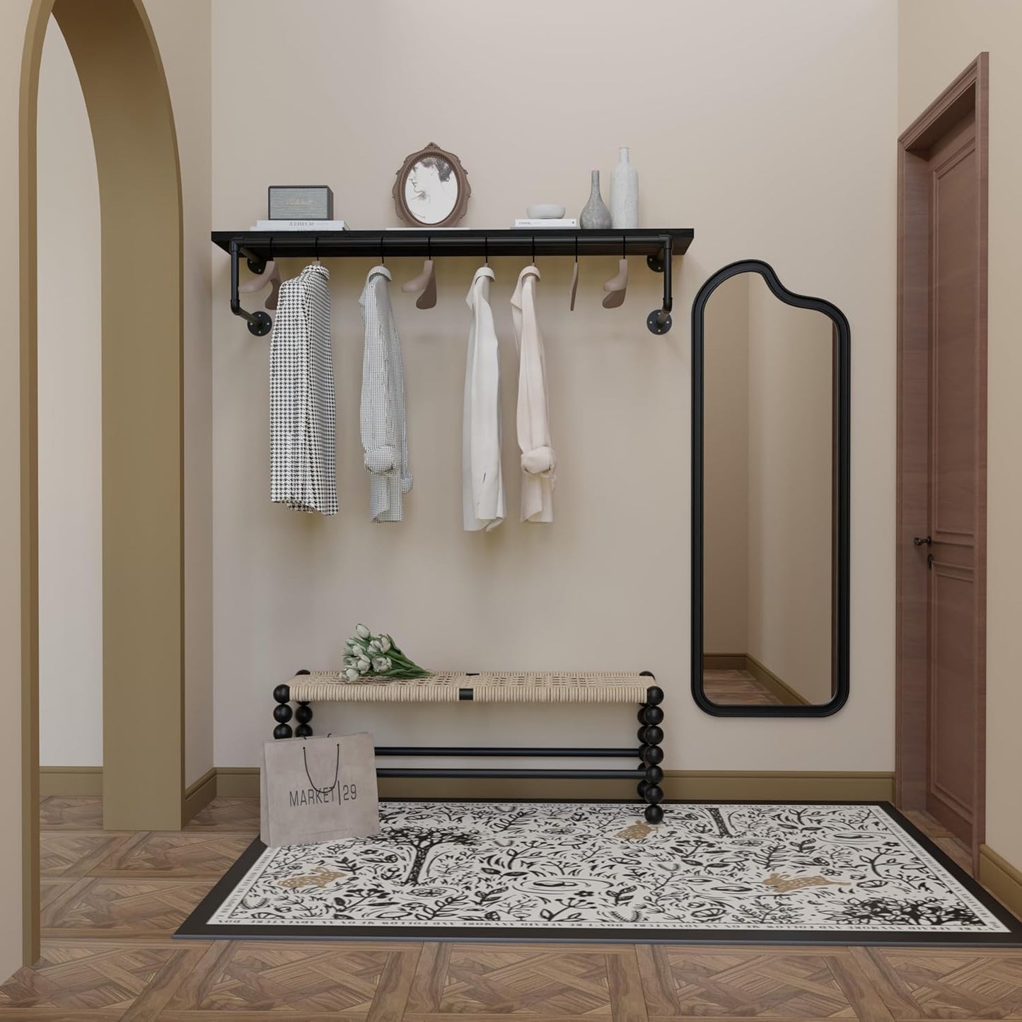 Clothes Rack 48in, Wall Mounted Garment Racks with Real Black Wood Shelf, Heavy Duty Hanging Clothes Rack, Multi-Purpose Hanging Rod, Space-Saving Closet Storage