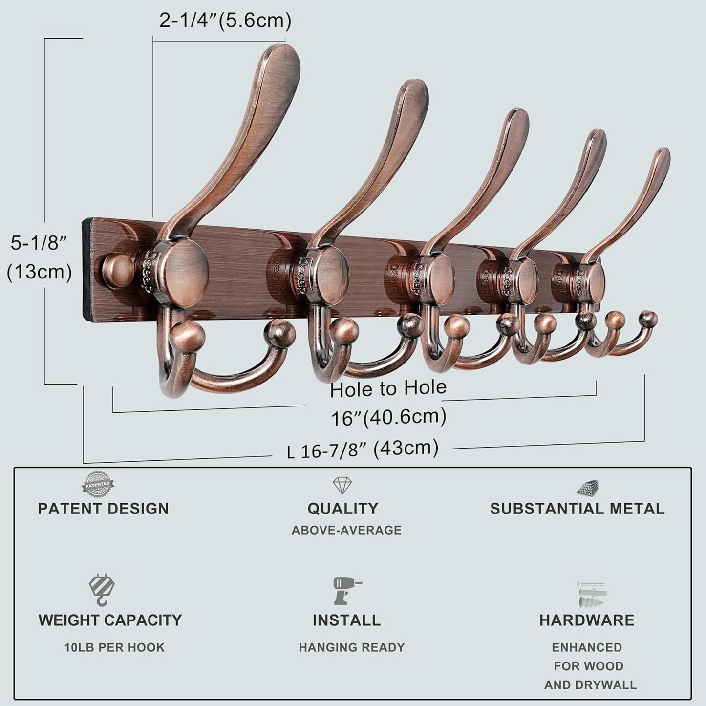 Dseap Coat Rack Wall Mount 2.0 Pro: Heavy Duty 300% Thicker, 16" Stud Mount, Stainless Steel Wall Coat Hooks Hanger for Clothes Jackets Hats Entryway Closet, MaxStrong Series, Antique Copper