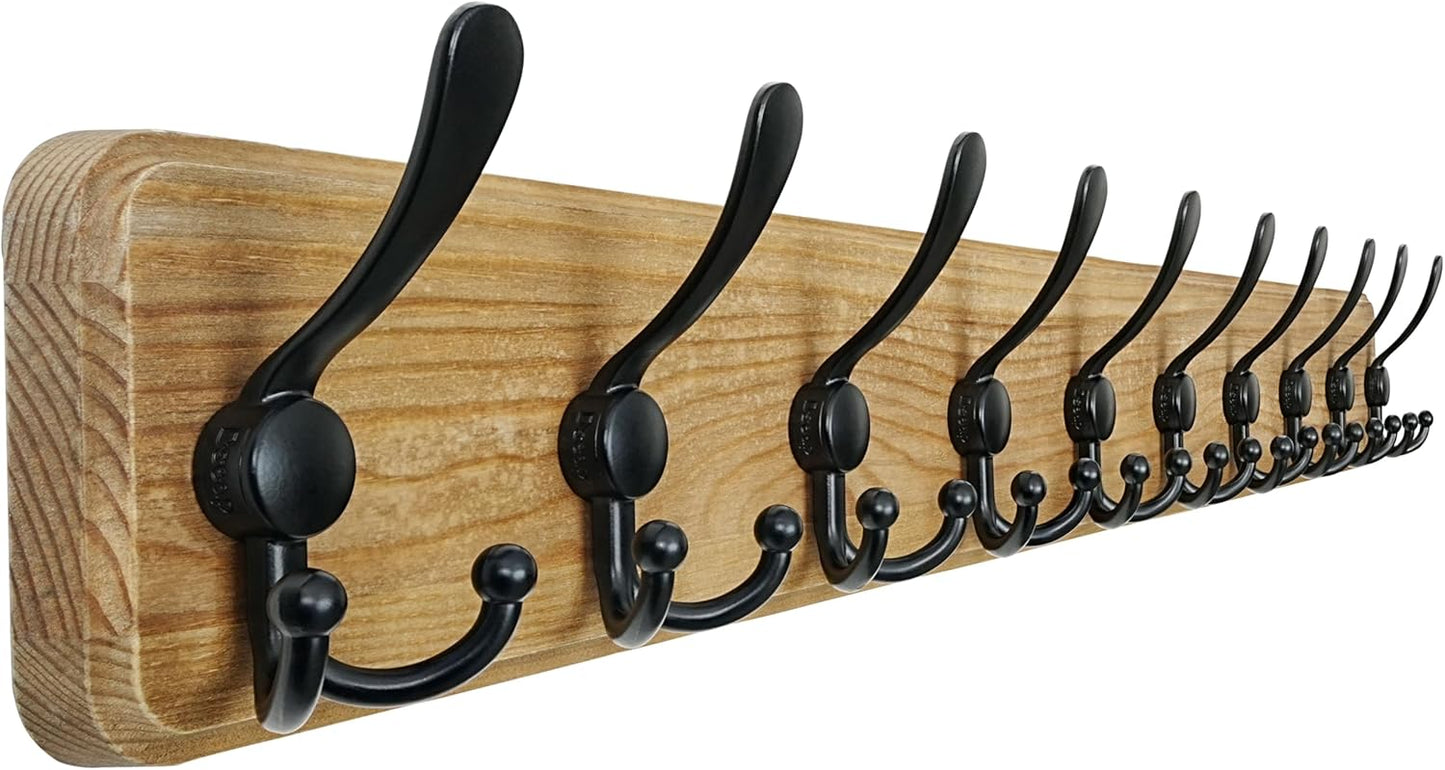 Dseap Coat Rack Wall - Heavy-Duty 38-1/4" Long, with Reinforced 10 Custom Tri-Hooks, Solid Wood Wall Hanger for Coats Hat Jackets - Rustic Farmhouse Entryway Hallway Storage, Weathered Brown & Black