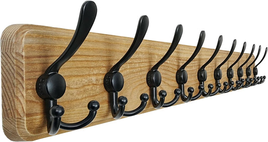 Dseap Coat Rack Wall - Heavy-Duty 38-1/4" Long, with Reinforced 10 Custom Tri-Hooks, Solid Wood Wall Hanger for Coats Hat Jackets - Rustic Farmhouse Entryway Hallway Storage, Weathered Brown & Black