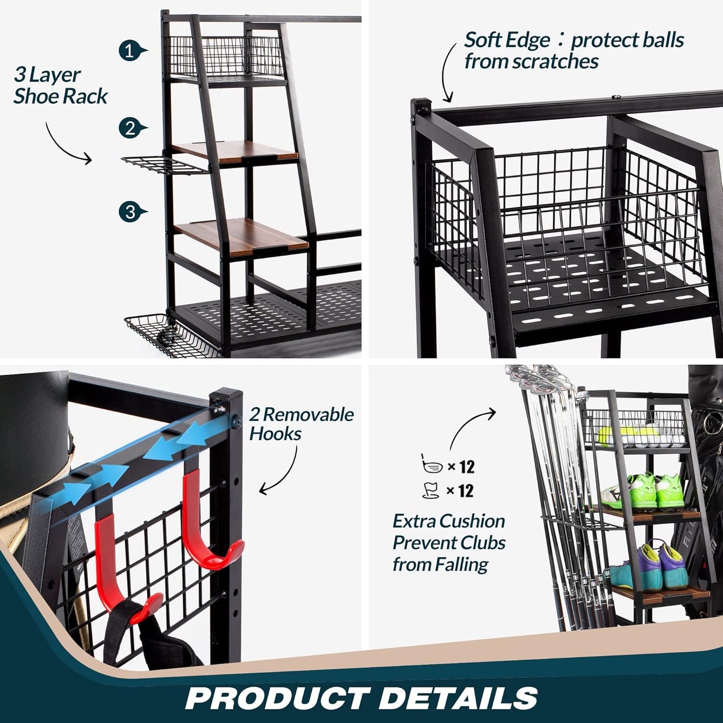 Golf Bags Storage Garage Organizer, Golf Bag Rack Fits 2/3 Golf Bags and Golf Equipment Accessories, Golf Club Storage Stand with Wooden Shelf and Lockable Wheels for Garage Indoor Basement