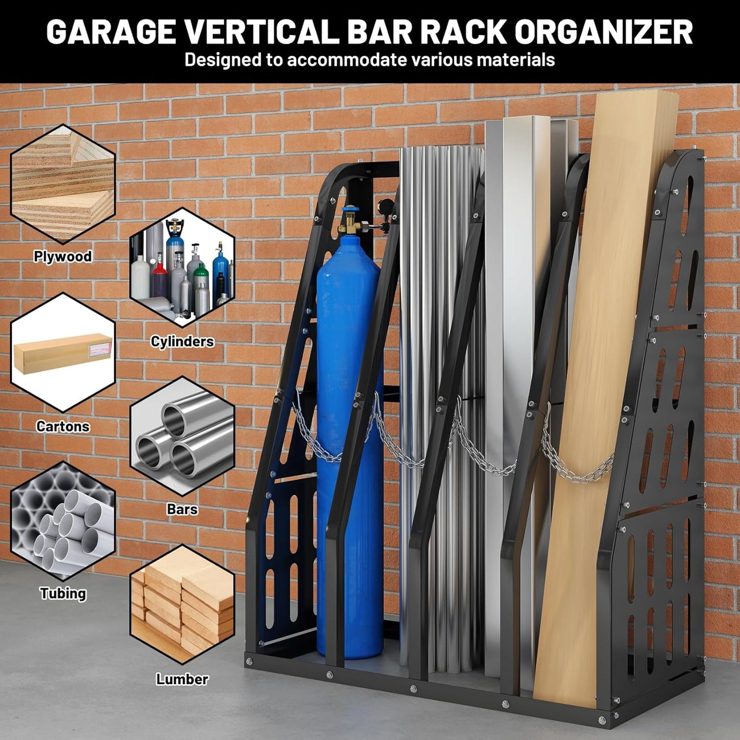 Vertical Bar Rack 1500 LB Capacity, 4 Bays Storage Rack 47" W x 24" D x 60" H, Long Parts Metal Rack, Lumber Conduit Pipe Storage Rack for Garage Storage, Black