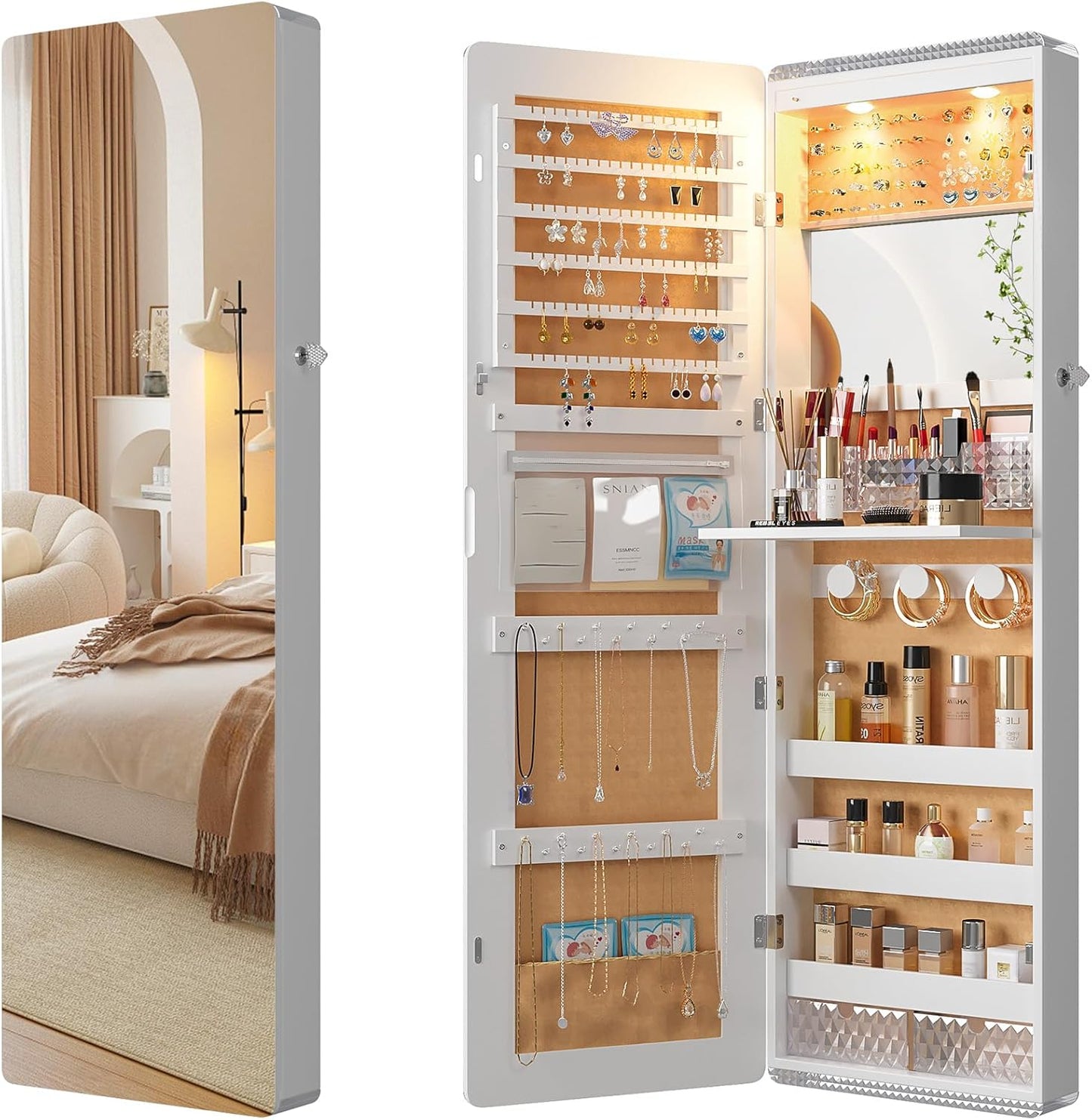 HNEBC LED Mirror Jewelry Cabinet,47.2" Wall Mounted Jewelry Organizer with Full-Length Mirror,Over The Door Hanging Jewelry Armoire Storage Cabinet,Folding Dresser,2 Drawers,Lockable, 3 Shelves(White)