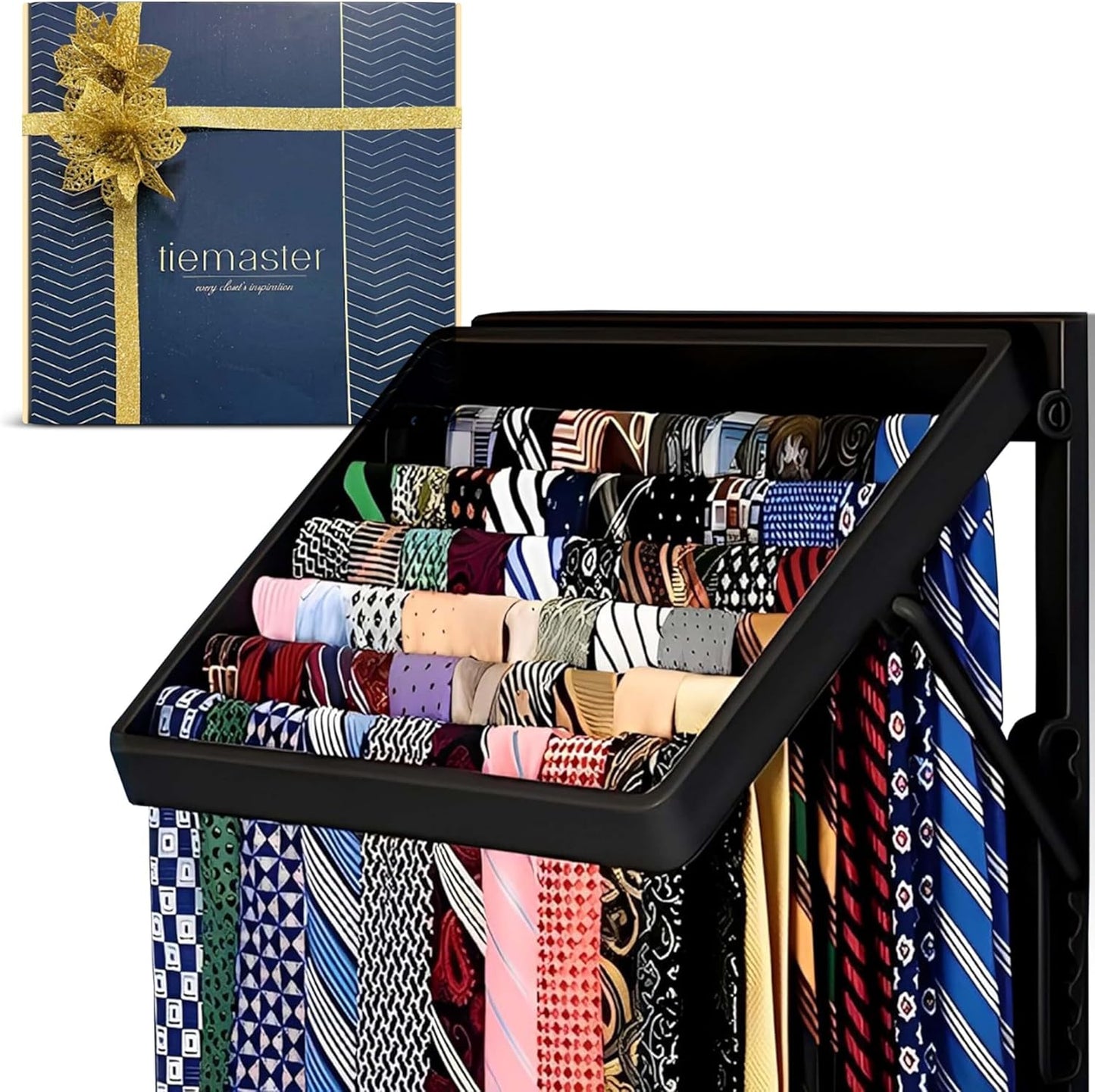 TieMaster Tie Rack and Scarf Organizer, Battery-Free Design, Holds 60 Ties and Scarves with 5 Belt Hooks, Easy Installation, Wall Mounted Tie Organizer, Luxury Gift for Men & Women
