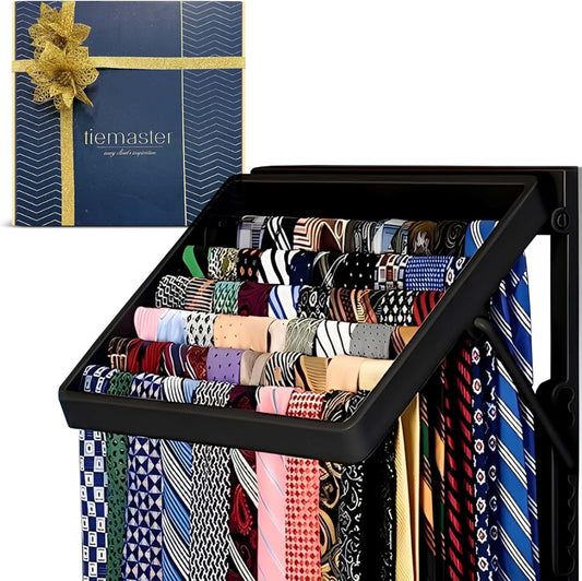 TieMaster Tie Rack and Scarf Organizer, Battery-Free Design, Holds 60 Ties and Scarves with 5 Belt Hooks, Easy Installation, Wall Mounted Tie Organizer, Luxury Gift for Men & Women