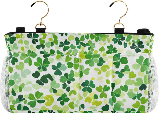 Bright Green Clover St. Patrick Bedside Caddy for Dorm Bed Bedside Hanging Caddy Bag Iron Frame Storage Organizer Pocket for Bunk Home College Hospital Beds 2 Hooks