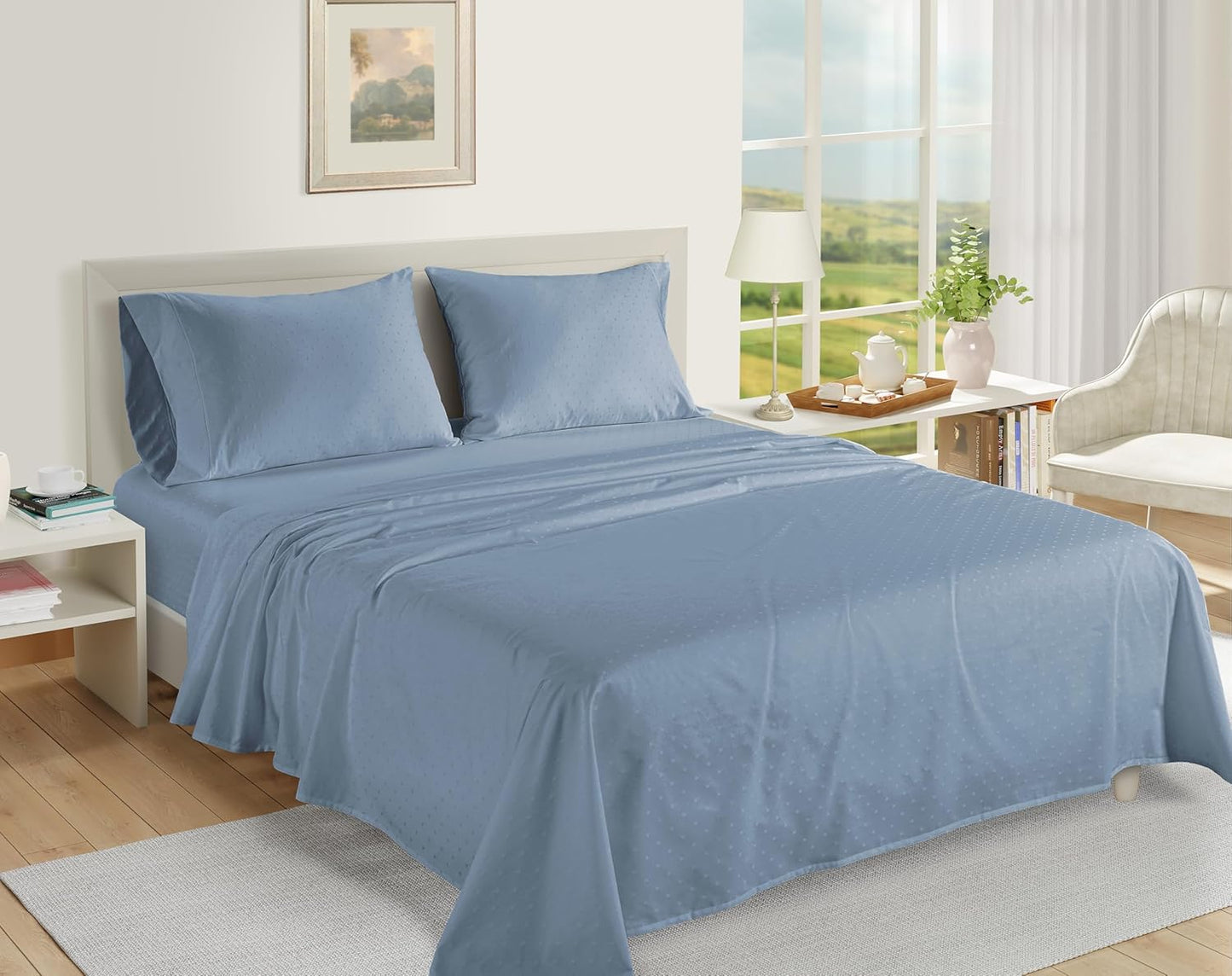 LANE LINEN Pillows Queen Size Set of 2, Soft 100% Egyptian Cotton, Cool & Smooth 1000 Thread Count Pillow Cases - Swiss Dot - French Blue