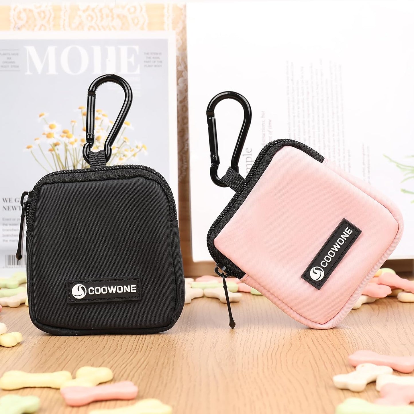 COOWONE Dog Treat Pouch 2 Pack, Waterproof, Zipper Closure, Hands Free, Black+Pink