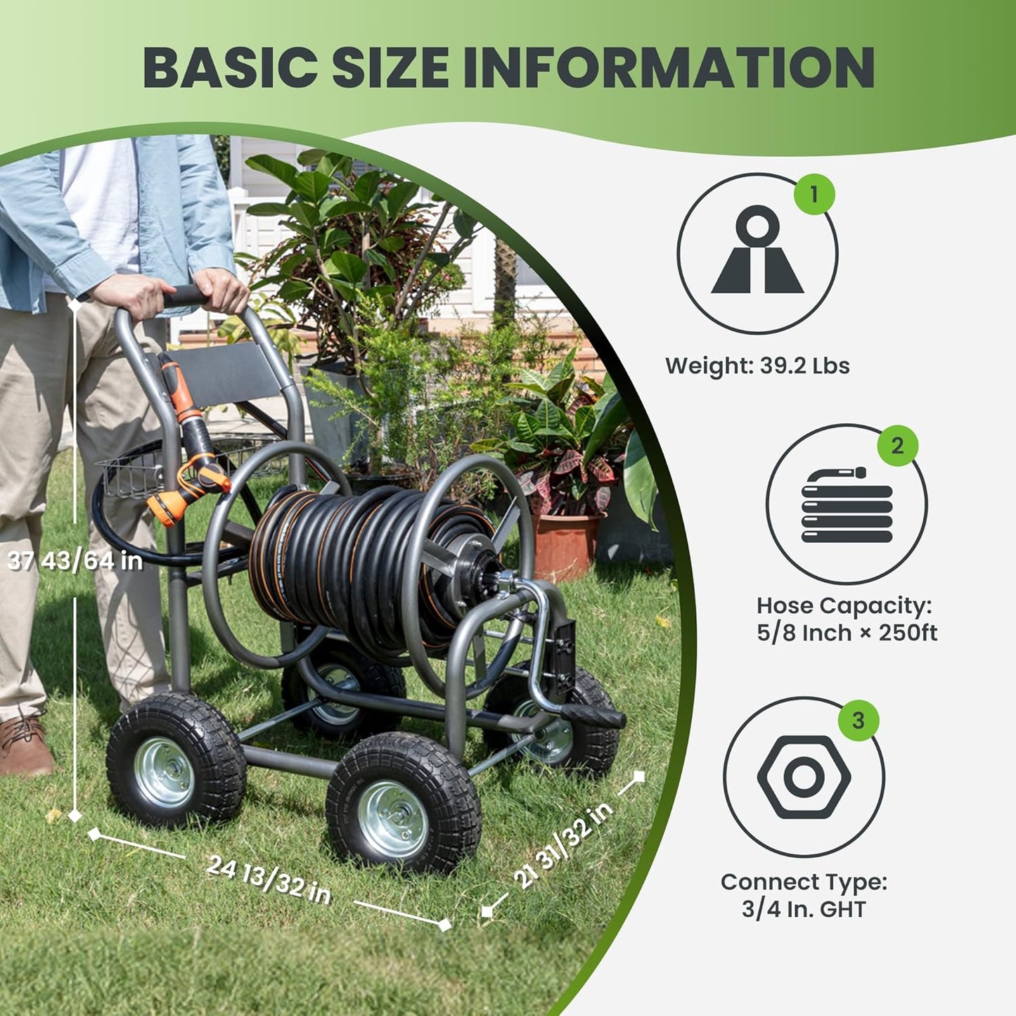 Giraffe Tools Garden Hose Reel Cart, Cart with Wheels Heavy Duty, Industrial Hose Reels for Outside, 250-Feet of 5/8" Hose Capacity, Hose Guide Pre-Installed