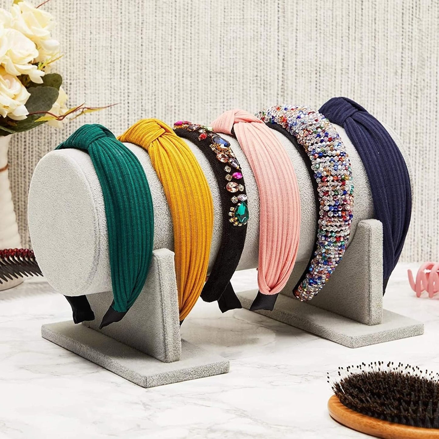Juvale Velvet Headband Holder Stand - 12.2 x 6.5 x 6.7 Inches, Gray Velvet - Hair Accessories Organizer & Headband Rack - Bracelet Display & Jewelry Stand