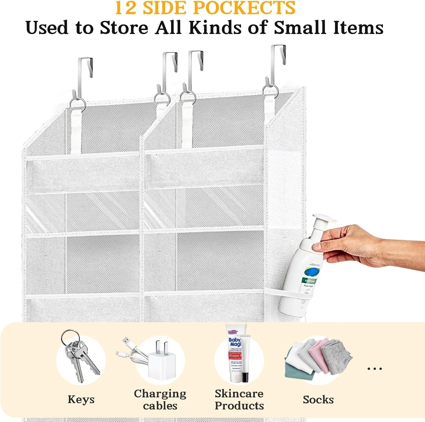 Over The Door Organizer 6 Tiers, Extra Large Behind Door Storage of 12 Compartments, 80 lbs Weight Capacity Hanging Storage Organizer with Clear Window Kids Toys, Shoes,Diapers, Room Storage, White