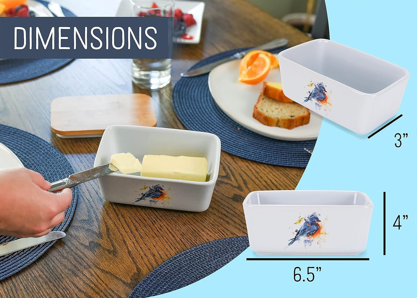 Nat & Jules Dean Crouser Ceramic Stoneware 1/2 Pound, 2 Sticks Butter Dish Airtight Bamboo Lid, Kitchen Accessory, Container Holder, Refrigerator Storage, Countertop Organization, Watercolor Bluebird