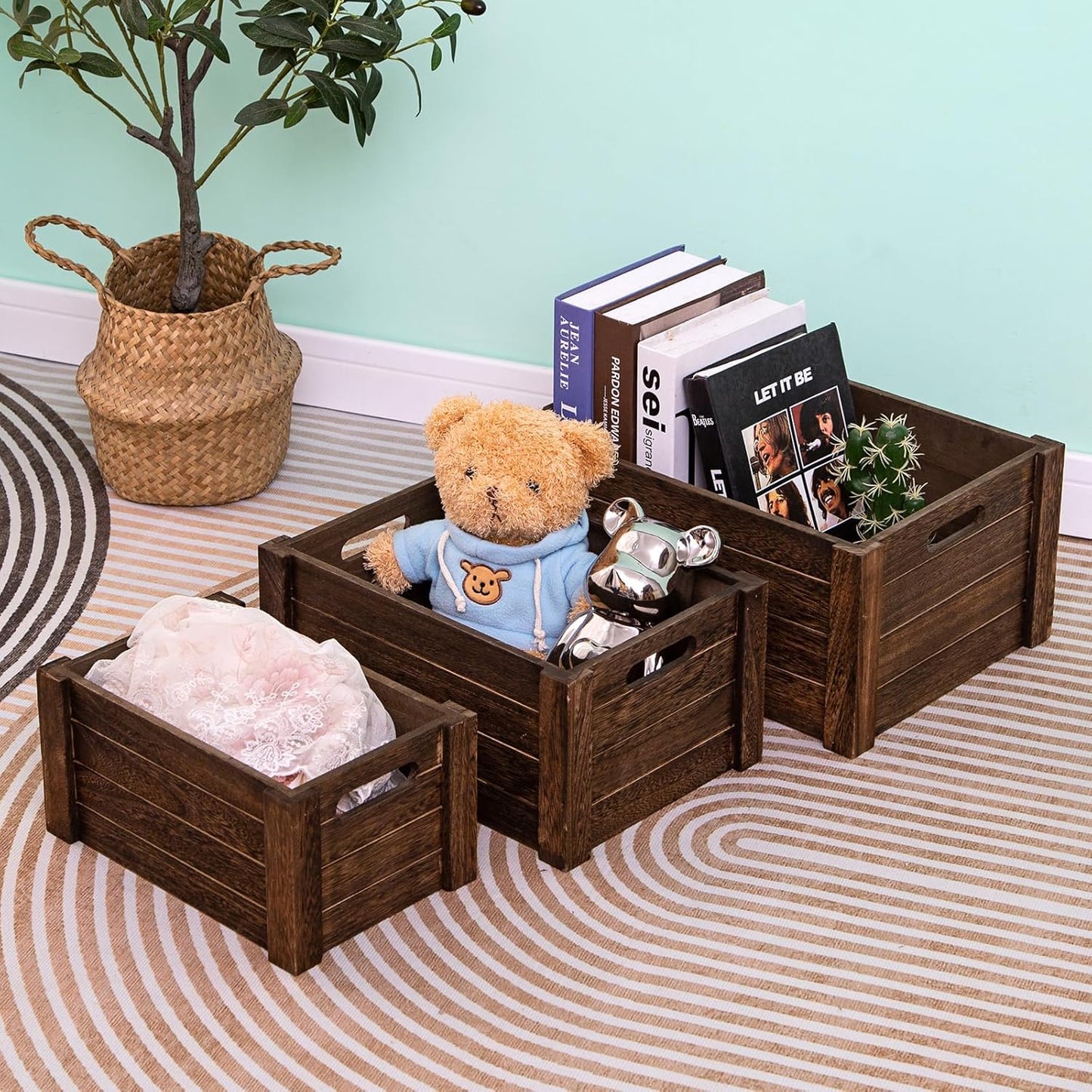 Large Vintage Brown Wooden Crates For Storage,Nesting Handmade Solid Wood Vintage Black Wood Storage Boxes.Storage Crates For Organizing.