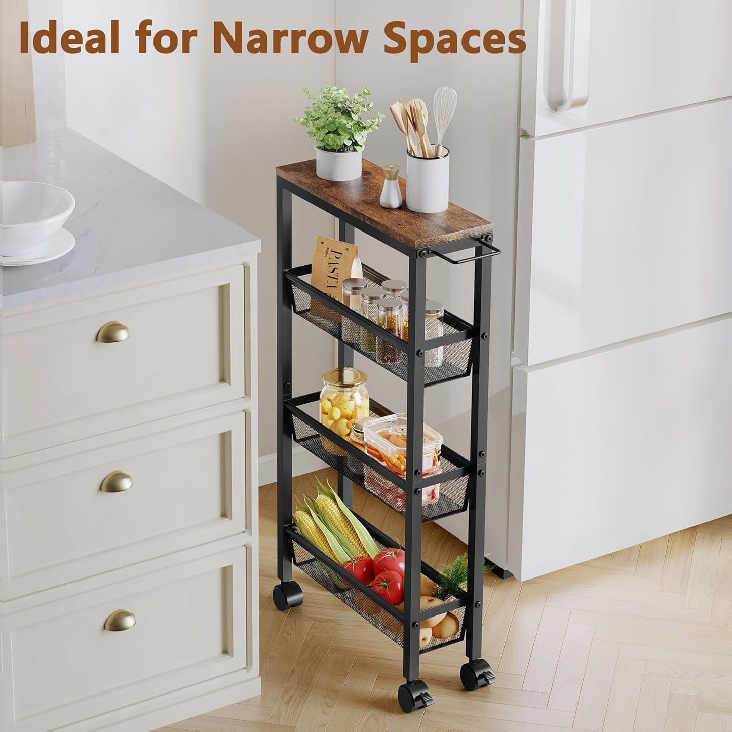 Hoctieon Slim Rolling Storage Cart, 4-Tier Narrow Kitchen Storage Cart with Handle & Wheels, Mobile Shelving Unit, Wooden Top & Metal Frame, Utility Cart for Kitchen, Small Spaces, Rustic Brown