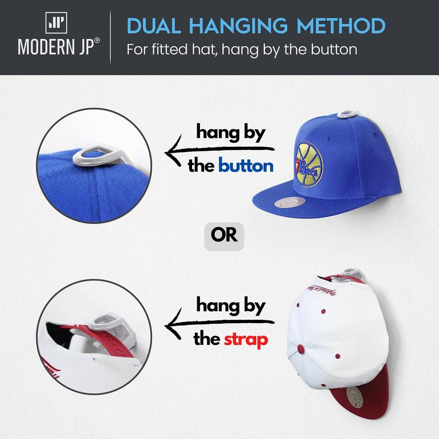 Modern JP Adhesive Hat Hooks for Wall (32-Pack) - Hat Rack for Baseball Caps, Minimalist Hat Display, Strong Hold Hat Hangers for Wall - USA Patented, White