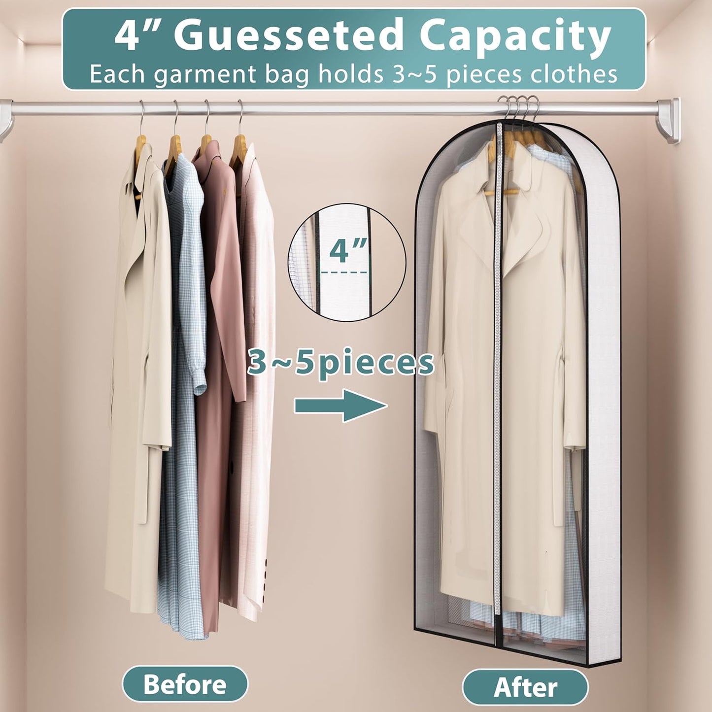 50” Garment Bags for Hanging Clothes 4” Gusseted - with Clear Window, Breathable Fabric, Metal Zipper, Suit Coat Long Dress Protector for Clothes Closet storage, Season Off, Moving, 5 Pack