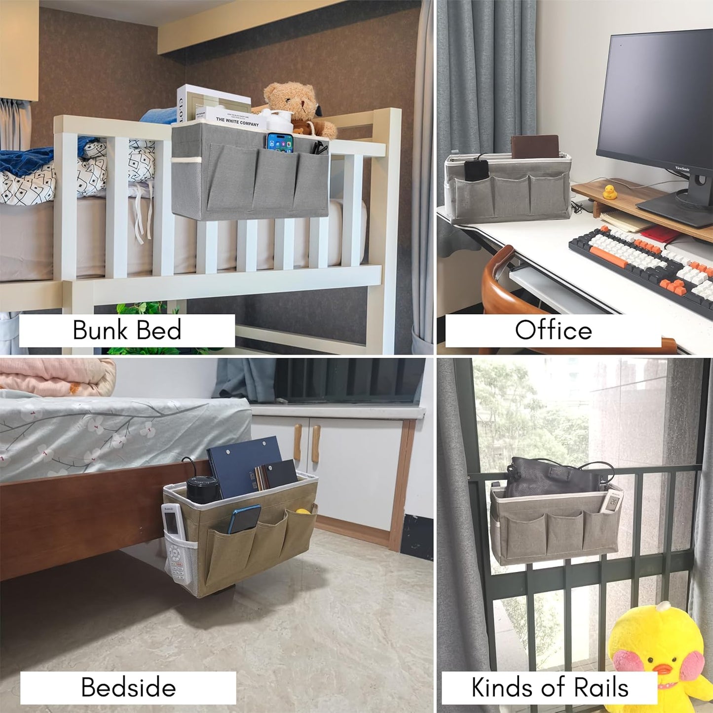 3-Piece Bedside Caddy Storage Organizer with Pockets for Bedrooms, Loft Beds & Top Bunk Beds (Gray)