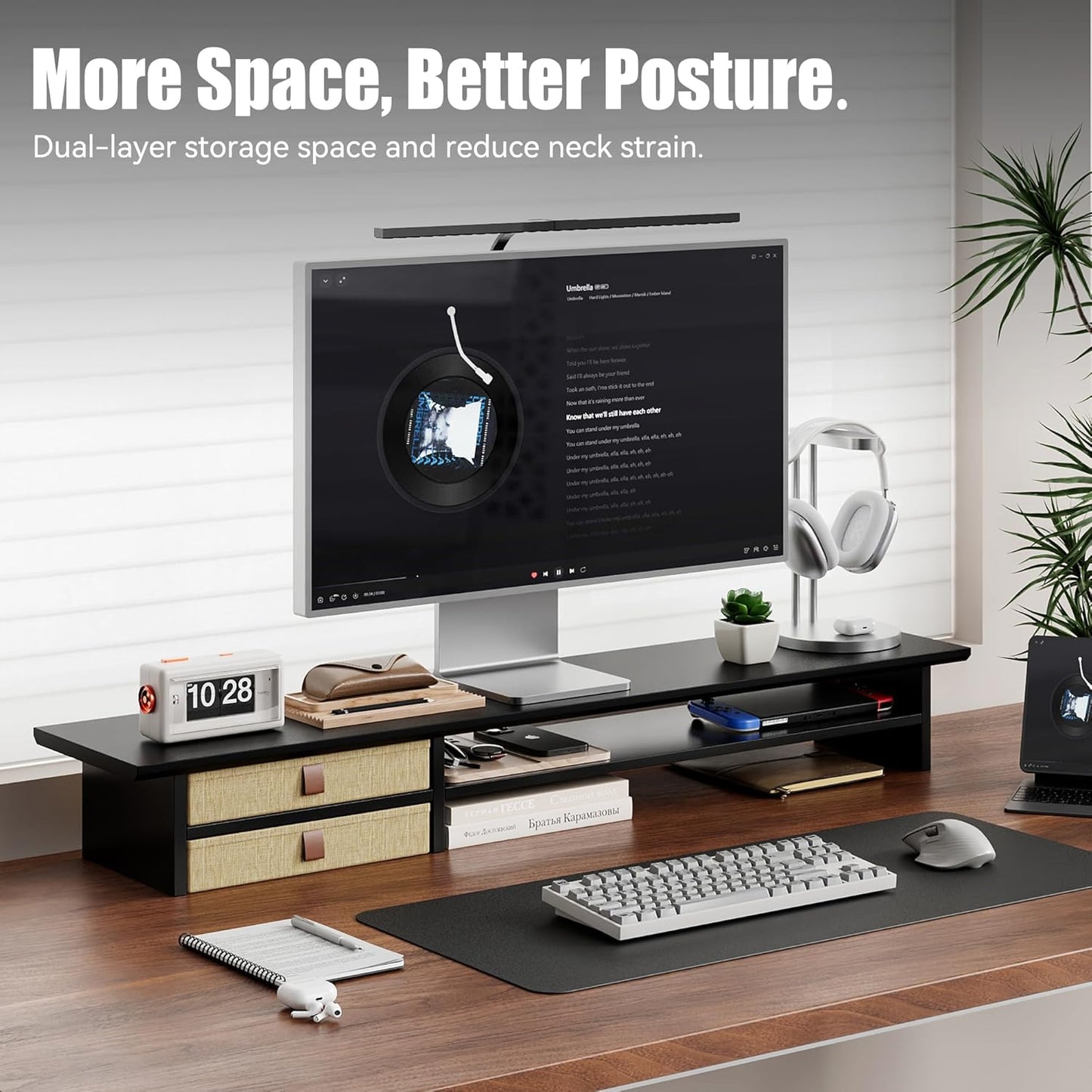 Dual‑Tier Monitor Stand Riser with Drawers, Desktop Organizer Shelf Storage for Computer Screen 2 Monitors, Supports for PC Computer Monitor, Printer, Heavy TV Riser Black