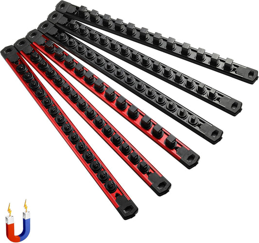 ALOANES 6-Piece Magnetic Socket Organizer, Heavy Duty Aluminum Rails With 360 Swivel Clips Holder Kit for Tool Box, 1/2, 3/8, 1/4-Inch x 80 Clips (Red&Black)