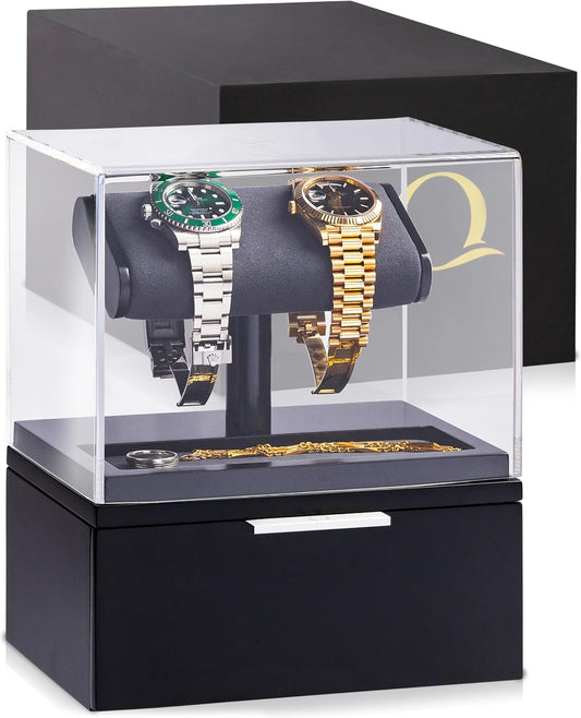 QWATCH Watch Stand Display Case - Acrylic Watch Box for 2 or 4 Watches with Jewelry Valet Tray and Drawer