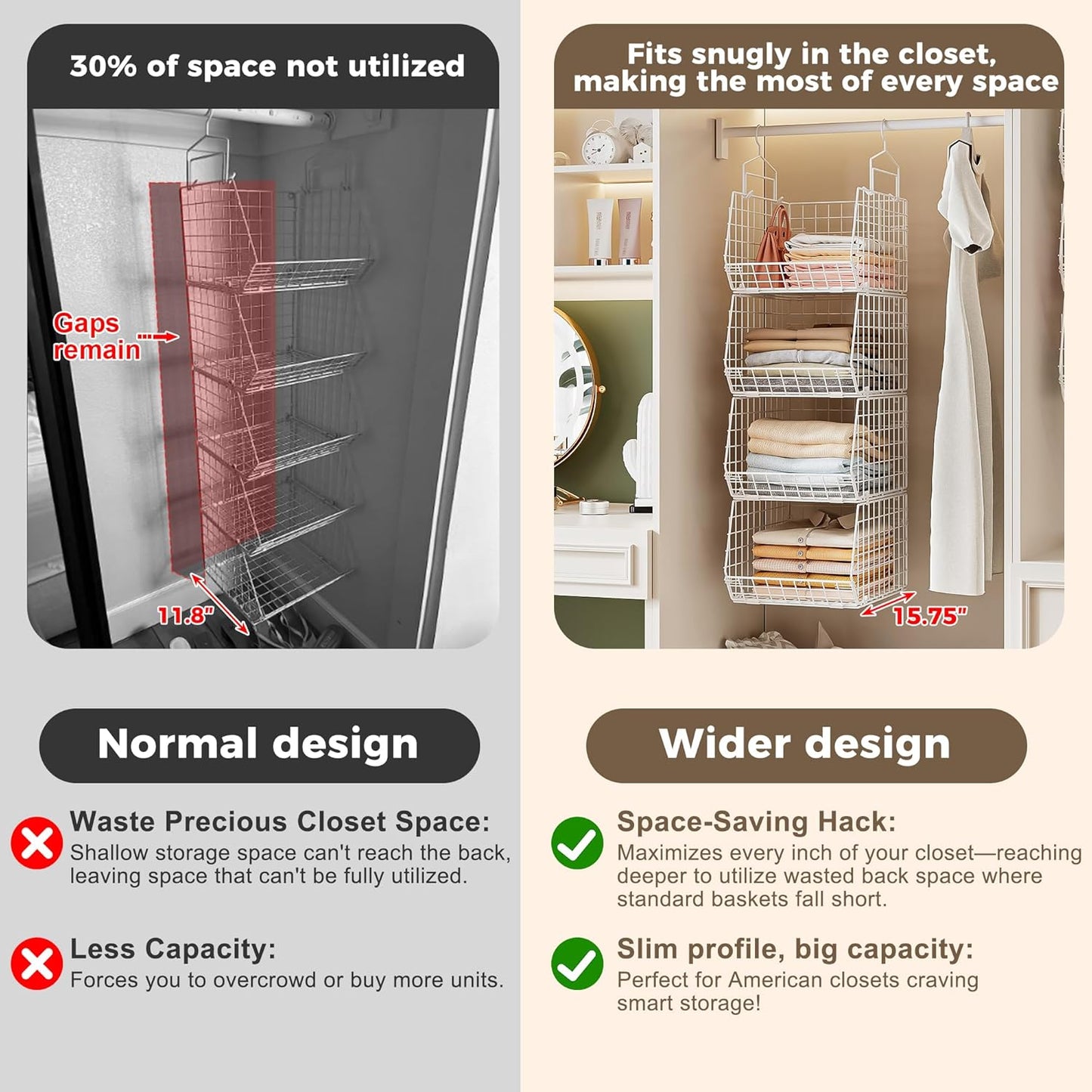 4" Extra Deeper Foldable Hanging Closet Organizer, Small Wire Cabinet Shelves and Storage with 5 S Hooks,4 Tier Metal Basket Bins for Clothes Sweaters Handbags, Wardrobe for Kitchen Laundry Room，White