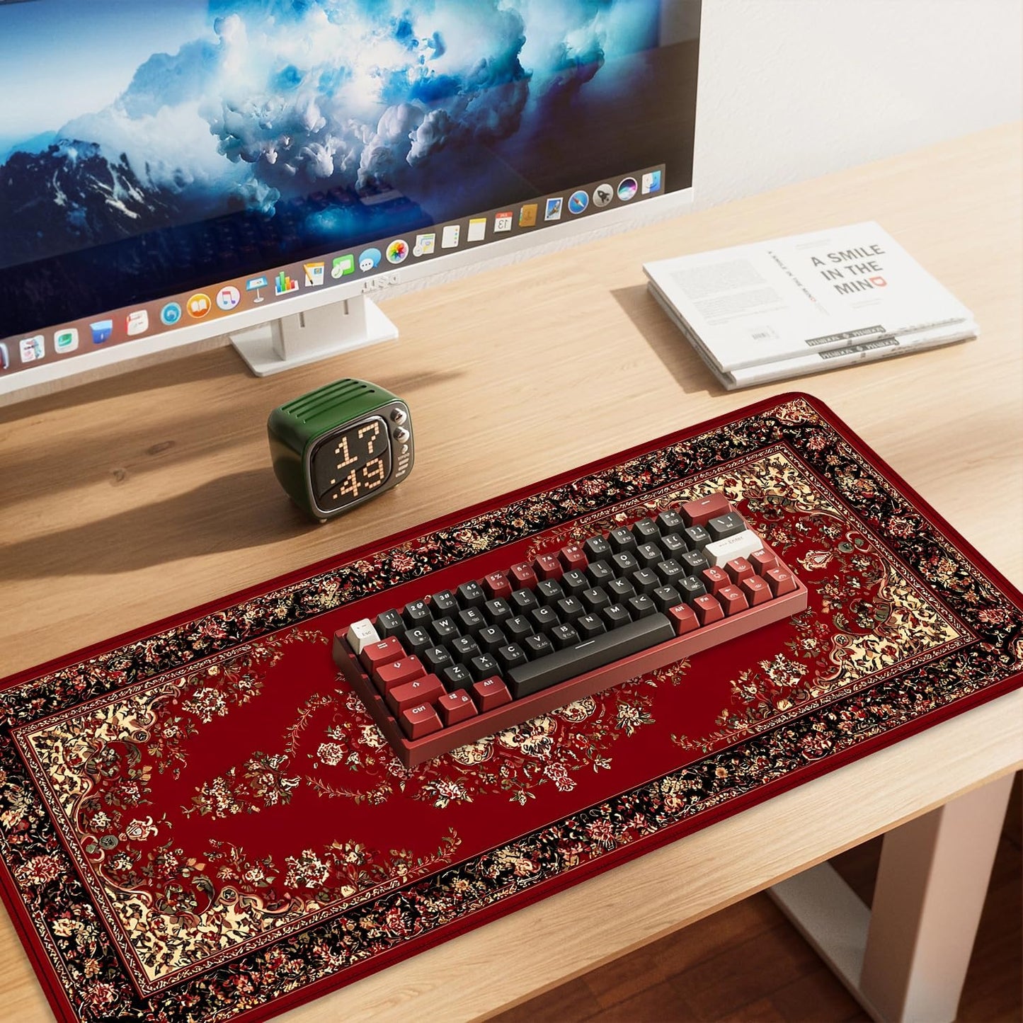 Red Vintage Persian Rug Mouse Pad – Large Extended Desk Mat 35.43 x 15.75 in – Oriental Carpet Design, Non-Slip Rubber Base, Waterproof Surface, Keyboard & Mouse Pad for Office, Gaming, Home