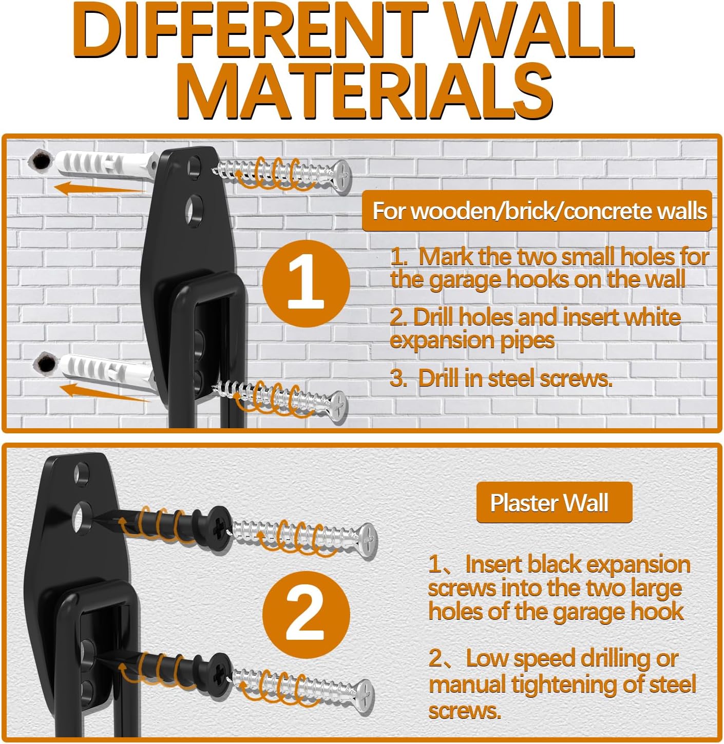 3-H Garage Wall Hooks 42 Pack, Heavy Duty Garage Hooks with Extra Welding Spots, Wall Mount Storage Organizer for Hanging Garden Lawn Tools, Ladder, Bike, WeedEater, Chair, Shovel, Blower (Orange)