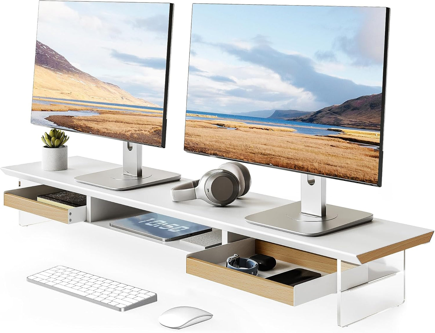 Fenge Dual Monitor Stand with Drawer, 42.5 Inch Large Monitor Riser with Acrylic Legs Supports, Computer Stand for Desk, 2 Tier Wood Desk Shelf with Storage Organizer for PC, Laptop, Printer, TV