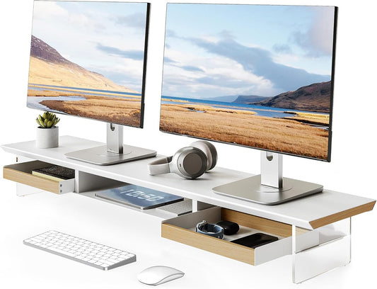 Fenge Dual Monitor Stand with Drawer, 42.5 Inch Large Monitor Riser with Acrylic Legs Supports, Computer Stand for Desk, 2 Tier Wood Desk Shelf with Storage Organizer for PC, Laptop, Printer, TV