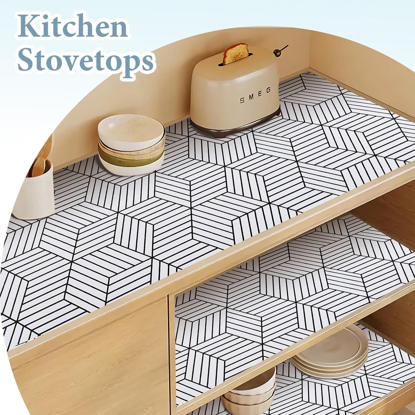 Shelf Liners for Kitchen Cabinets 17in x 20FT, Non Adhesive Cabinet Liner Strong Non-Slip Thickened Black White Geometric Drawer Liner, Easy to Clean for Shelf, Cabinet with Knife and Tape Measure