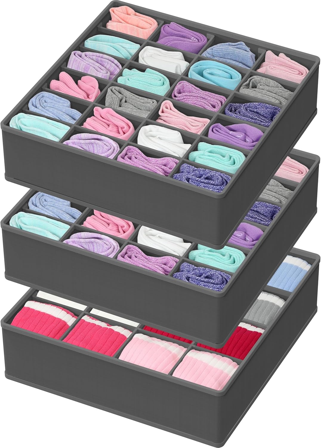 Simple Houseware Sock Drawer Organizer for Dresser/Closet/Bedroom, 3 Pack, Dark Gray