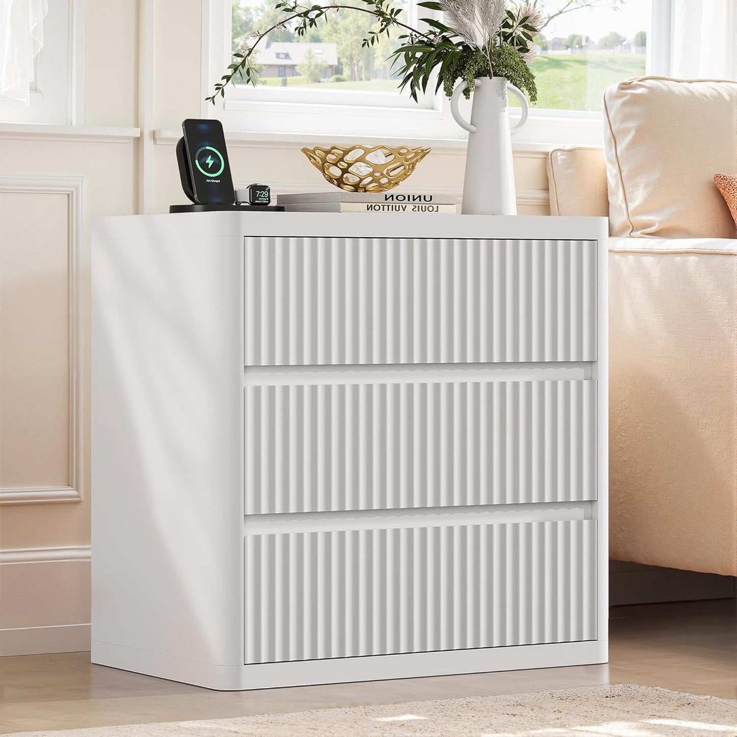 White Nightstand Set of 2, 3 Drawers Night Stand Set, Mid Century Modern Bed Side Table, Large Fluted End Table for Bedroom Living Room Sofa Couch Home Office, Bedside Table with Storage, 24.8” Wide