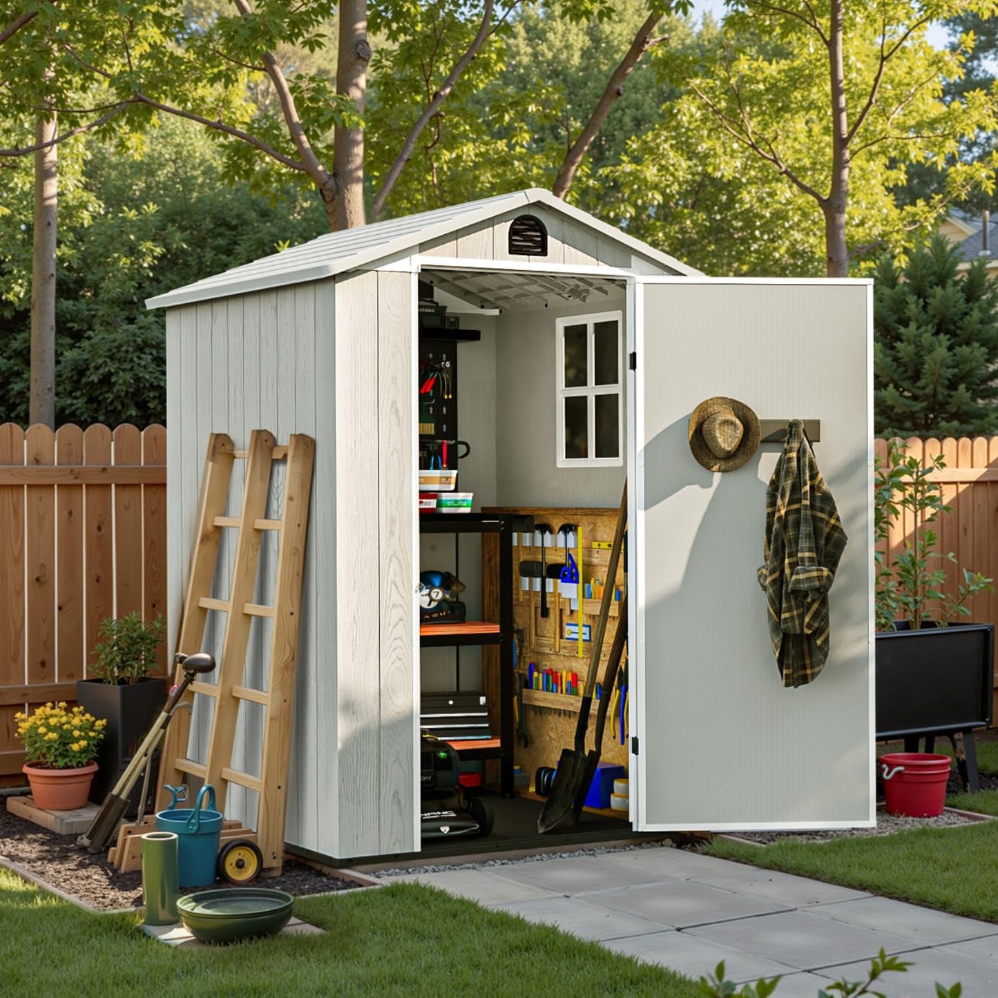 Patiowell 4 x 4 FT Plastic Outdoor Storage Shed with Floor, Garden Tool Shed with Two Windows and Single Lockable Door for Garden, Backyard, Lawn, Easy to Install, Light Grey(Fit-it Shed)